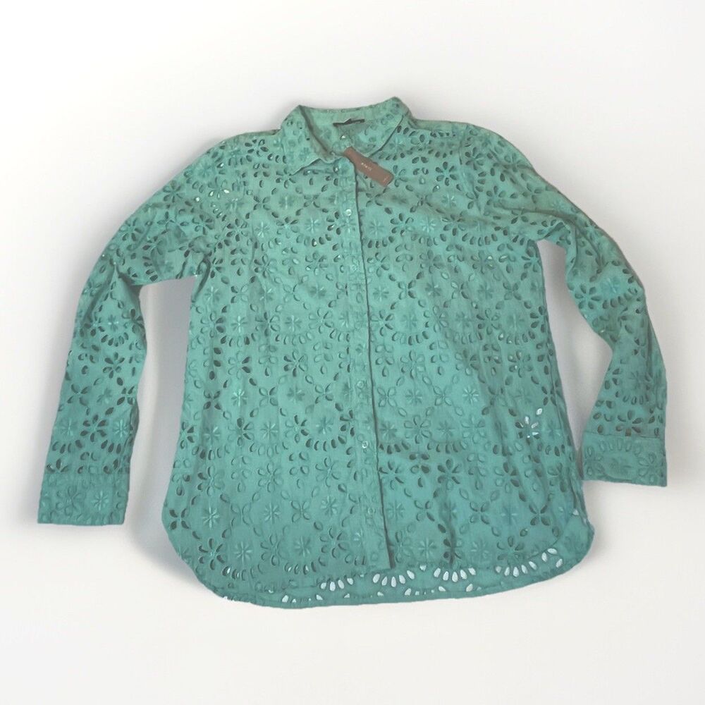 NEW J. Crew Eyelet Cotton Button Up Shirt Mint Green Size 14 Long Sleeve Lined